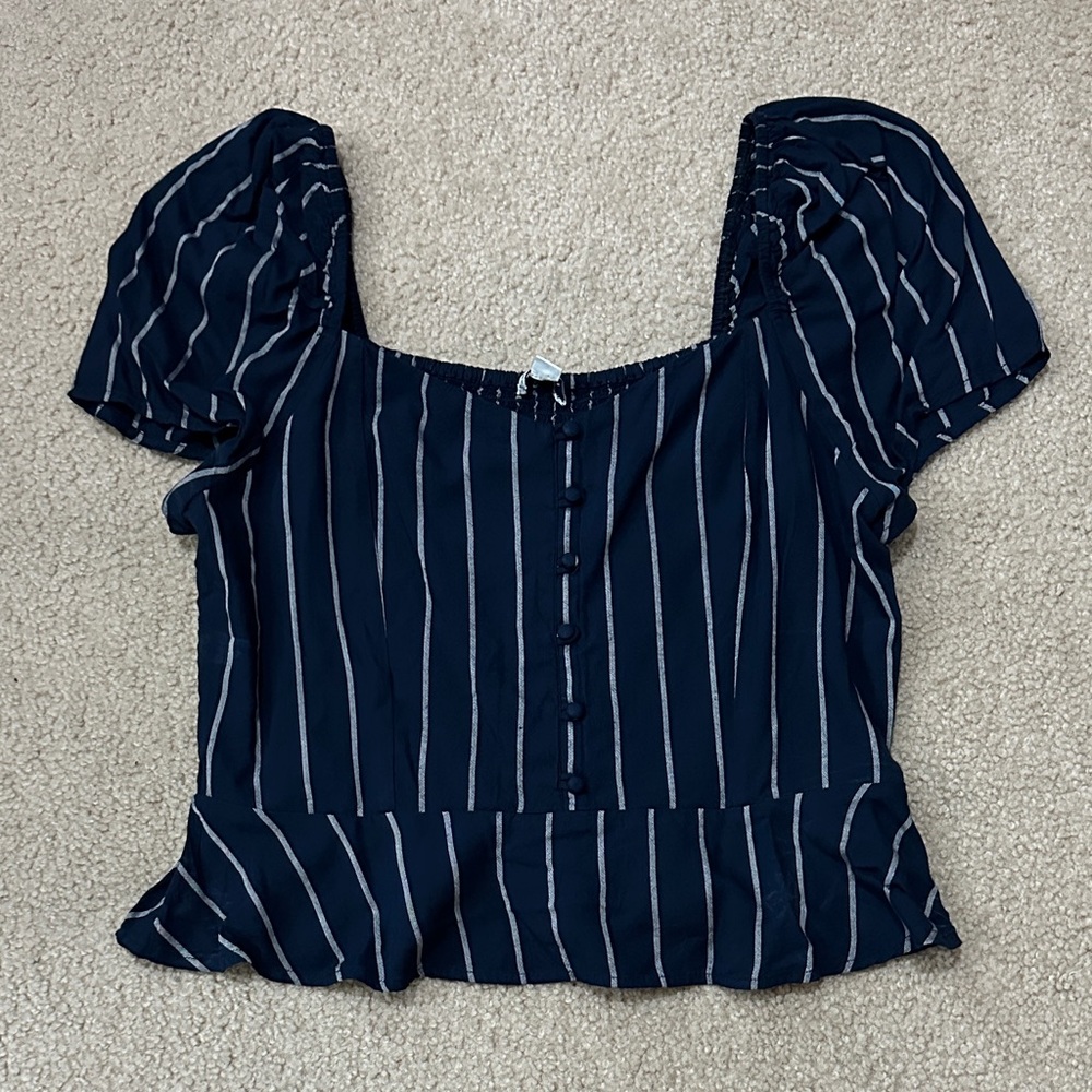 American Eagle Navy and White Striped Blouse Cottage Core